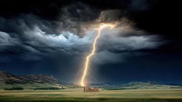 Lightning strikes over a house in the middle of a field photo