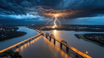 Lightning strikes over a bridge and river photo
