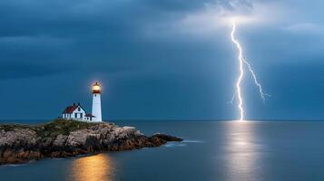 Lightning strikes the lighthouse on a stormy day photo