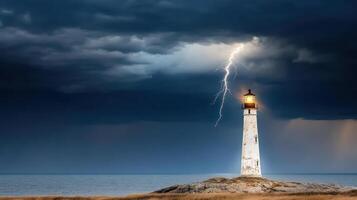 Lightning strikes a lighthouse on a stormy day photo