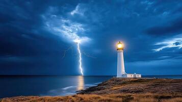 Lightning strikes a lighthouse on a stormy night photo
