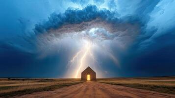 A lightning bolt strikes through the sky over a church photo