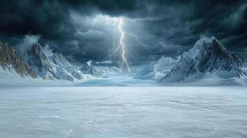 A stormy sky with a lightning bolt coming from the top of a mountain photo