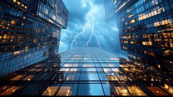 A view of skyscrapers with lightning in the sky photo