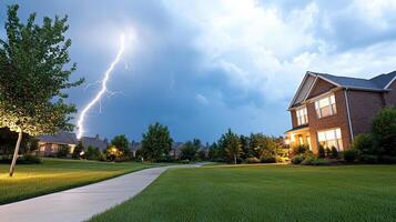 A lightning bolt is seen in the sky above a house photo