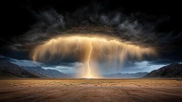Lightning strike over a desert landscape photo