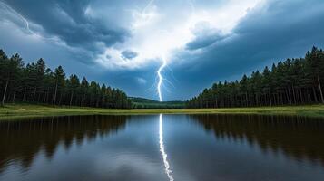 A lightning bolt is seen over a lake photo