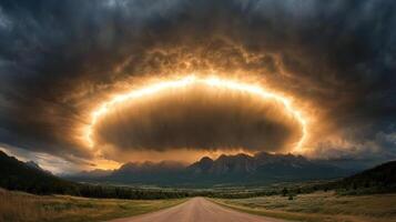 A stormy sky over a road with a large hole in it photo