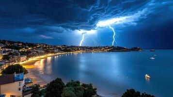 Lightning strikes over the sea and beach in a stormy night photo