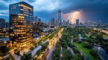 A city with a lightning bolt in the sky photo