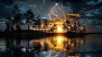 A stormy sunset with lightning and trees reflected in the water photo