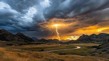 A lightning bolt strikes through the sky over a river photo