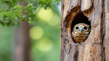 A small owl peeks out of a hole in a tree photo