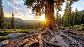 The sun rises over a tree in the mountains photo