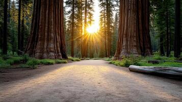 A path through a forest with trees and sun photo