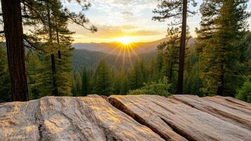 A sunset over a forest with a wooden table photo