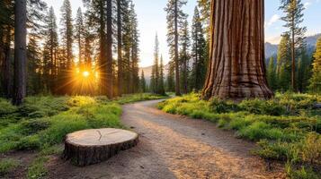 A path through the woods with a tree stump in the foreground photo