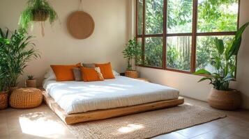A bed with white and orange pillows photo