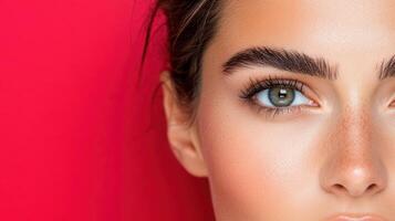 A woman with long eyelashes and a bright red background photo