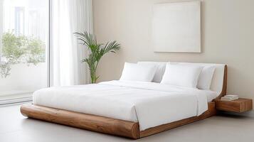 A bed with white sheets and a wooden headboard photo