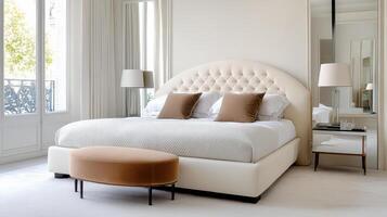 A white bedroom with a bed and a foot stool photo