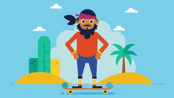 Pirate Pose The pirate stands confidently on his skateboard with one foot on the board and the other foot lifted in a cool pose. He wears a gold hoop earring and has a playful. vector