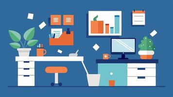 Office Space Evolution An illustration of a messy home office with papers piled up and supplies tered across the desk on one side compared to a clean and organized office space on. vector