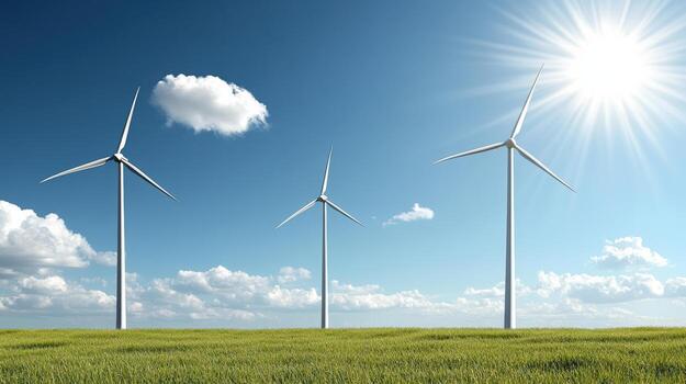 Wind turbines in a field with a blue sky photo