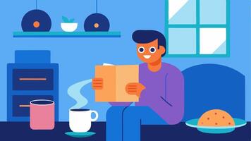News Update An individual in the living room listening to the news from a smart speaker while enjoying breakfast with a newspaper in hand.. vector
