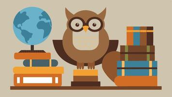 Sorting Books The owl with feathers in shades of brown and white is strategically placing books back on the shelves. Its tiny wings hold a stack of books while other books on the. vector