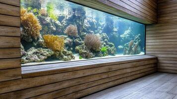 A large aquarium in a room with wooden walls photo