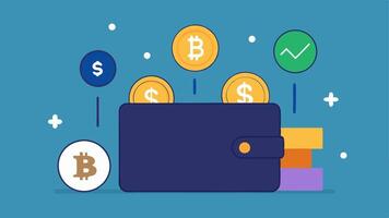 Cryptocurrency Wallet A minimalist representation of a digital wallet app with various cryptocurrency coins like Bitcoin Ethereum and others illustrated within the wallet.. vector