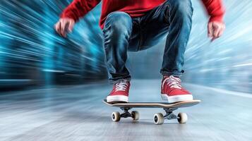 A person riding a skateboard on a moving floor photo