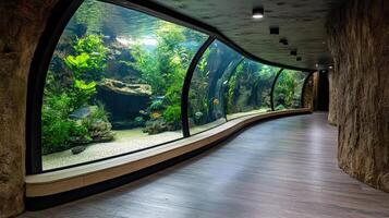 An aquarium in a room with a curved wall photo