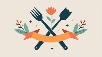 Joyous Embrace The fork and s are illustrated midhug with the forks tines gently wrapped around the ss handle. They are set against the backdrop of a beautifully detailed plate. vector
