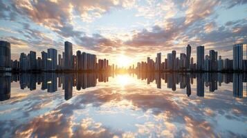 A city skyline with clouds reflected in water photo