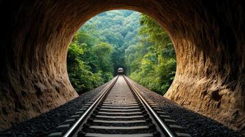 Train going through tunnel in the forest photo