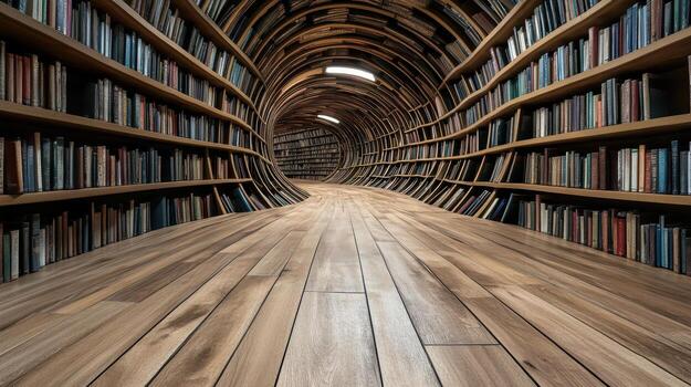 A long wooden bookcase with many books on it photo