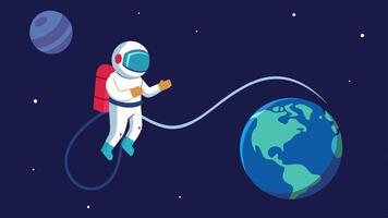 Astronaut in Space An astronaut in a space suit floating in the vacuum of space tethered to a space station with the Earth visible in the distance.. vector