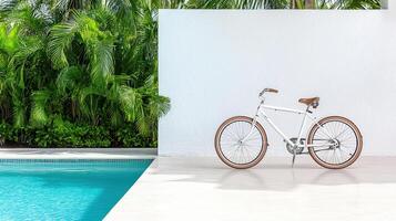 A bicycle is parked near a pool photo