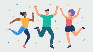 Group Exercise Bliss A group of five fitness fanatics is engaged in a lively aerobic session. Each person is striking a fun pose midjump arms and legs flying joyfully in. vector