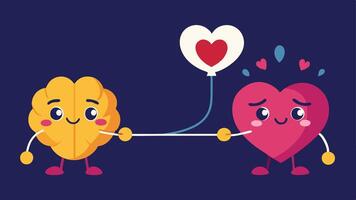 Expression of Conflict A whimsical design showcasing the heart and brain facing each other with intense expressions as they tug on the rope. The heart radiates warmth and happiness. vector