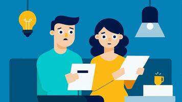 Utility Bill Shock A couple in their living room frowning as they read an unusually high utility bill with light bulbs and appliances in the background emphasizing high energy. vector