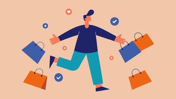 Hurdling Obstacles A dynamic illustration of a person attempting to navigate through a crowded marketplace while juggling several large shopping bags. They have wide eyes and their. vector
