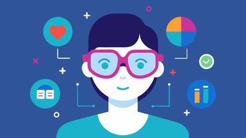 Information Overlay A closeup of the glasses on a users face with detailed AR metrics such as heart rate and steps taken displayed in bright colors around their head.. vector