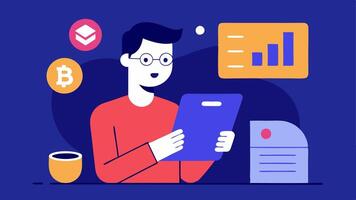 Learning About Crypto A curious user reading articles on a tablet about cryptocurrency management while referring to a digital wallet application.. vector