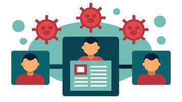 Information Virus A virus icon made of news headlines infecting a group of people depicted as digital avatars showing how misinformation spreads like an illness.. vector