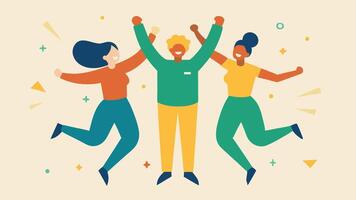 Group Celebration Scene A scene depicting three diverse figures each with one fist raised in the air celebrating together. One figure is jumping in the air another is clapping. vector