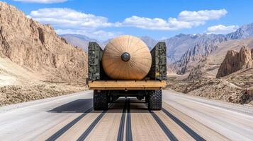 A large truck driving down a road in the mountains photo