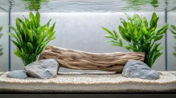 A fish tank with plants and rocks photo